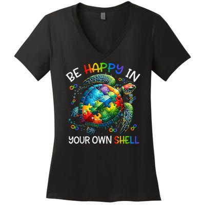 Puzzle Turtle Be Happy In Your Own Shell Autism Awareness Women's V-Neck T-Shirt