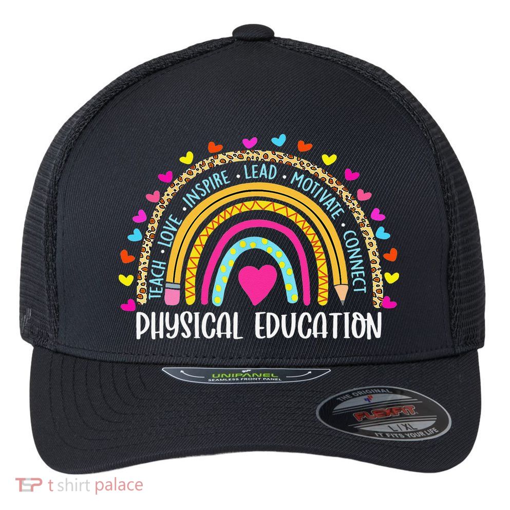 P.E. Teacher Boho Rainbow Funny Physical Education Teacher Flexfit Unipanel Trucker Cap