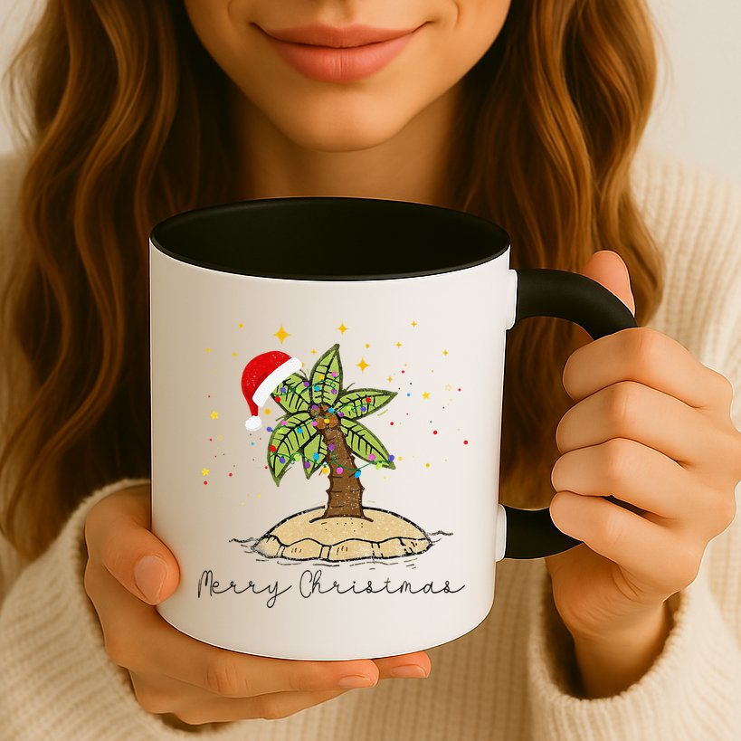 Palm Tree Christmas Light Santa Hawaiian Beach Xmas Mug