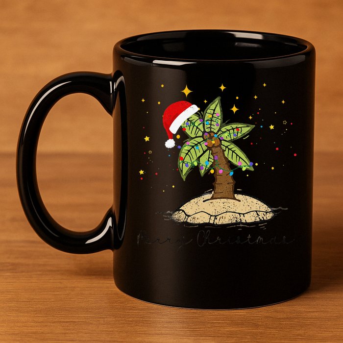 Palm Tree Christmas Light Santa Hawaiian Beach Xmas 11oz C Handle Ceramic Mug