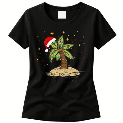 Palm Tree Christmas Light Santa Hawaiian Beach Xmas Womens T-Shirt