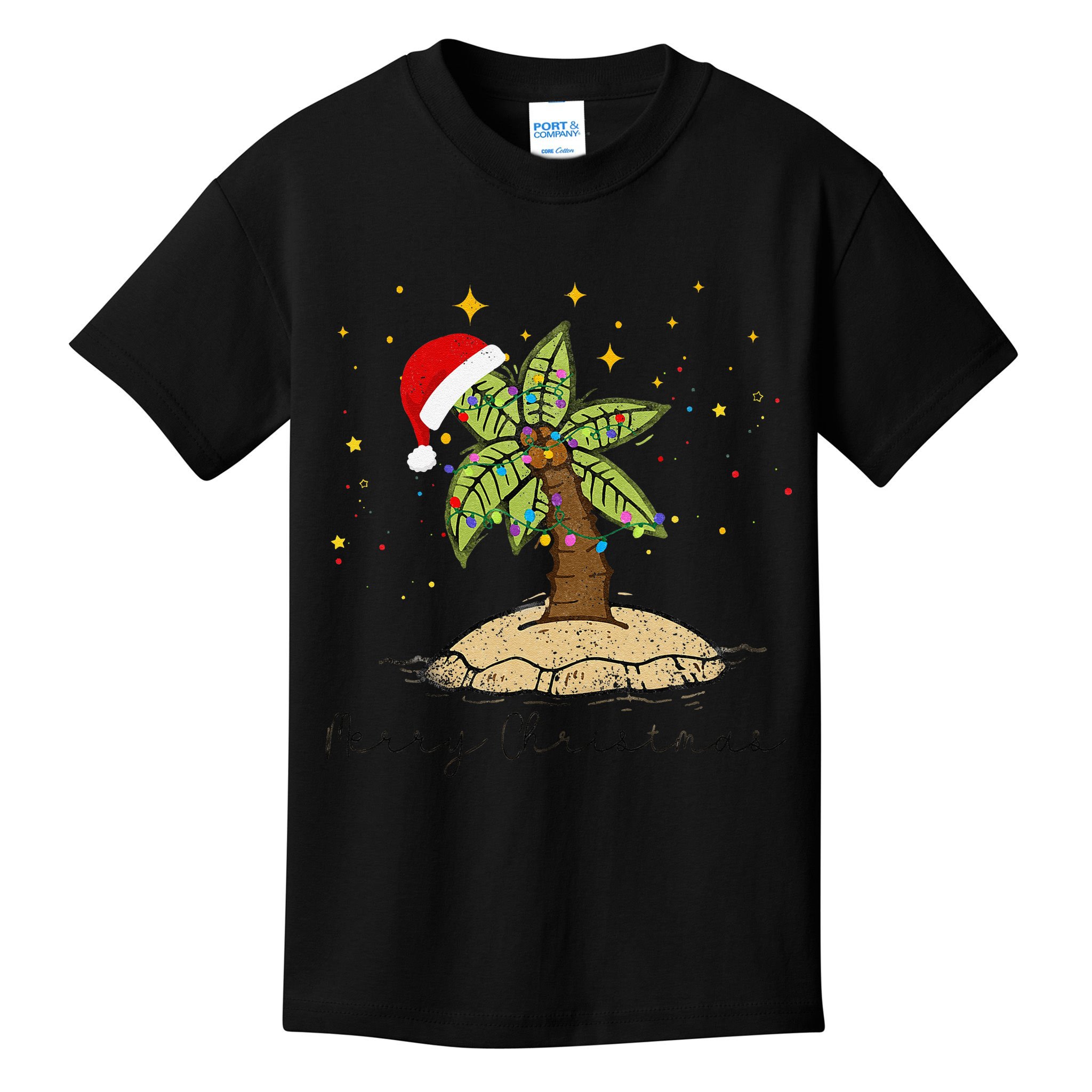 Palm Tree Christmas Light Santa Hawaiian Beach Xmas Kids T-Shirt