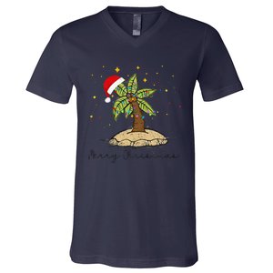 Palm Tree Christmas Light Santa Hawaiian Beach Xmas V-Neck T-Shirt