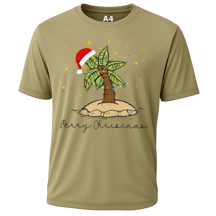 Palm Tree Christmas Light Santa Hawaiian Beach Xmas Cooling Performance Crew T-Shirt