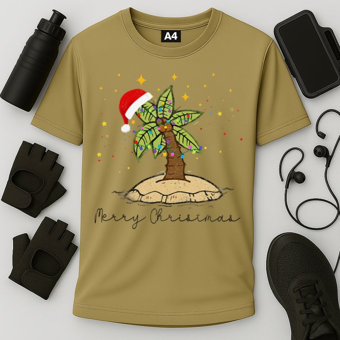 Palm Tree Christmas Light Santa Hawaiian Beach Xmas Cooling Performance Crew T-Shirt