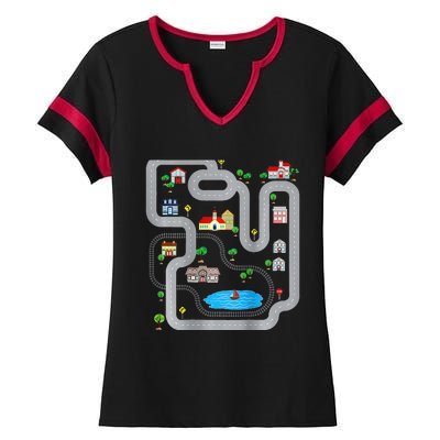 Playmat Train Car Race Track Printed On Back Road Funny Kids Ladies Halftime Notch Neck Tee