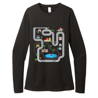 Playmat Train Car Race Track Printed On Back Road Funny Kids Womens CVC Long Sleeve Shirt