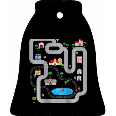 Playmat Train Car Race Track Printed On Back Road Funny Kids Ceramic Bell Ornament