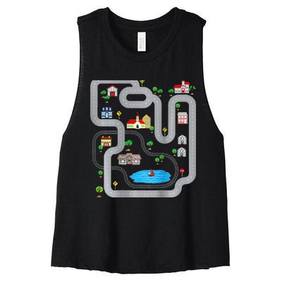 Playmat Train Car Race Track Printed On Back Road Funny Kids Women's Racerback Cropped Tank