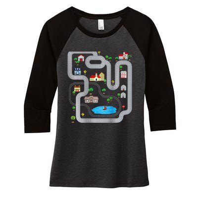 Playmat Train Car Race Track Printed On Back Road Funny Kids Women's Tri-Blend 3/4-Sleeve Raglan Shirt