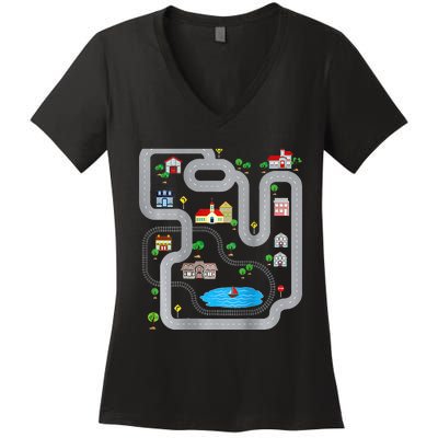 Playmat Train Car Race Track Printed On Back Road Funny Kids Women's V-Neck T-Shirt