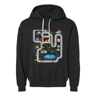 Playmat Train Car Race Track Printed On Back Road Funny Kids Garment-Dyed Fleece Hoodie