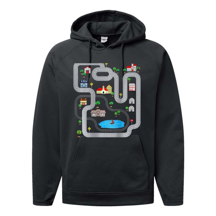 Playmat Train Car Race Track Printed On Back Road Funny Kids Performance Fleece Hoodie