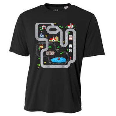 Playmat Train Car Race Track Printed On Back Road Funny Kids Cooling Performance Crew T-Shirt