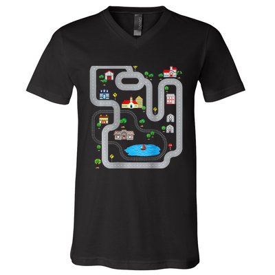 Playmat Train Car Race Track Printed On Back Road Funny Kids V-Neck T-Shirt