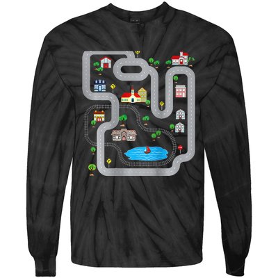 Playmat Train Car Race Track Printed On Back Road Funny Kids Tie-Dye Long Sleeve Shirt