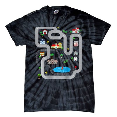 Playmat Train Car Race Track Printed On Back Road Funny Kids Tie-Dye T-Shirt