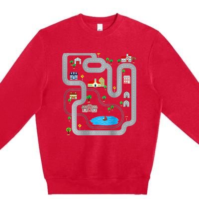 Playmat Train Car Race Track Printed On Back Road Funny Kids Premium Crewneck Sweatshirt