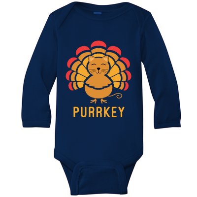 Purrkey Turkey Cat Pun Funny Thanksgiving Cat Lover Baby Long Sleeve Bodysuit