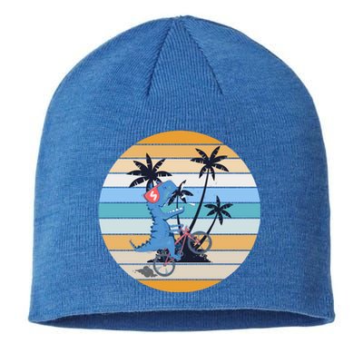 Palm Trees Cyclist Dinosaur Retro T Rex Cycling Funny Tgiftrex Gift Sustainable Beanie