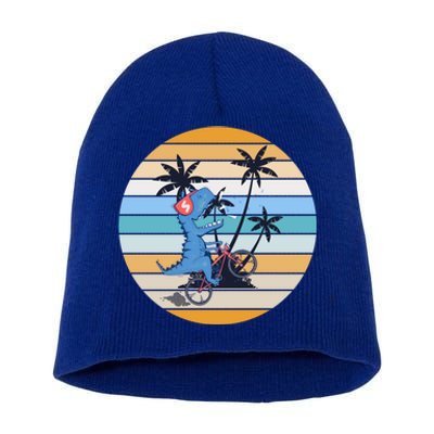 Palm Trees Cyclist Dinosaur Retro T Rex Cycling Funny Tgiftrex Gift Short Acrylic Beanie