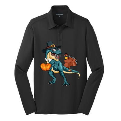 Pumpkin TRex Dabbing Turkey Thanksgiving Family Funny Gift Meaningful Gift Silk Touch Performance Long Sleeve Polo