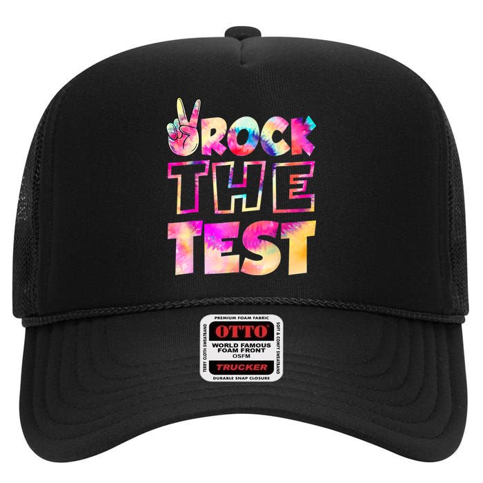 Peace Tie Dye Rock The Test Happy Testing Day Teacher Lover High Crown Mesh Back Trucker Hat