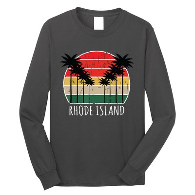 Palm Tree Distressed Rhode Island Beach Sunset Design Long Sleeve Shirt