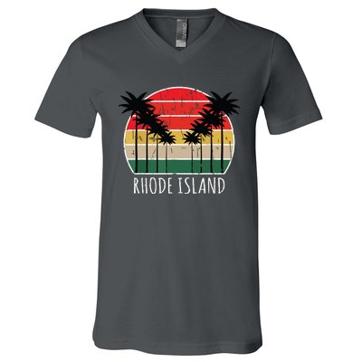 Palm Tree Distressed Rhode Island Beach Sunset Design V-Neck T-Shirt