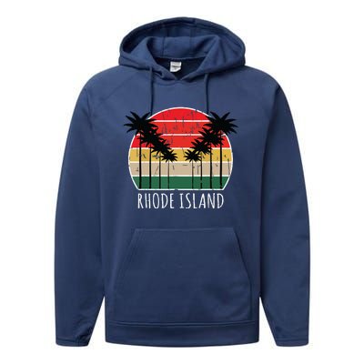 Palm Tree Distressed Rhode Island Beach Sunset Design Performance Fleece Hoodie