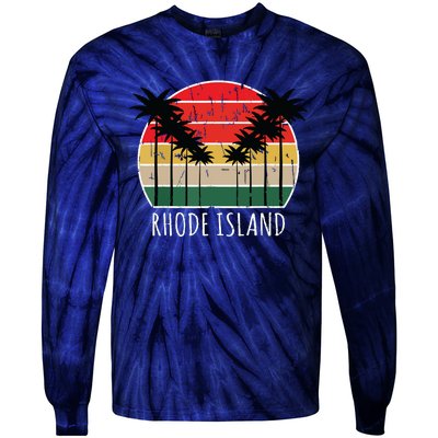 Palm Tree Distressed Rhode Island Beach Sunset Design Tie-Dye Long Sleeve Shirt