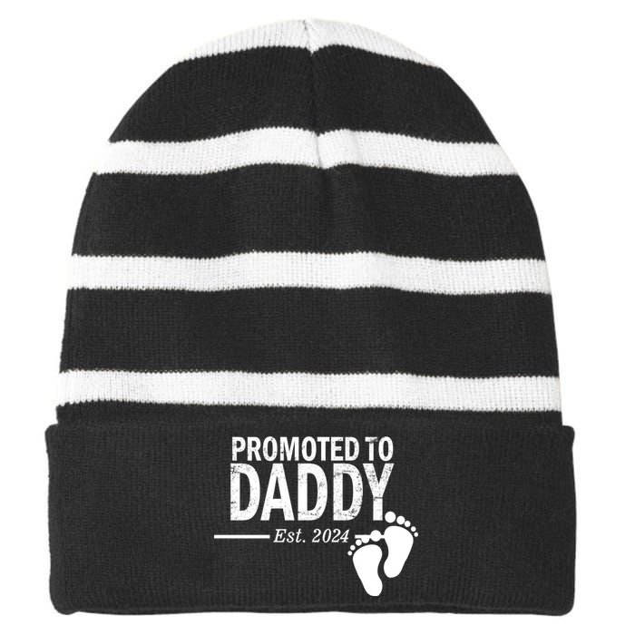 Promoted To Daddy Established 2024 New Dad Striped Beanie with Solid Band