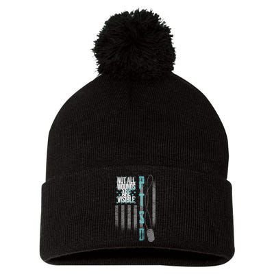Not All Wounds Are Visible Ptsd Veteran Flag Pom Pom 12in Knit Beanie