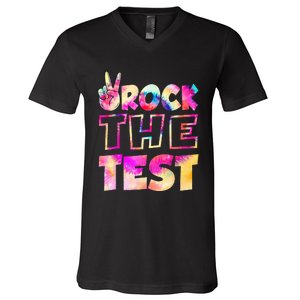 Peace Tie Dye Rock The Test Happy Testing Day Teacher Lover V-Neck T-Shirt