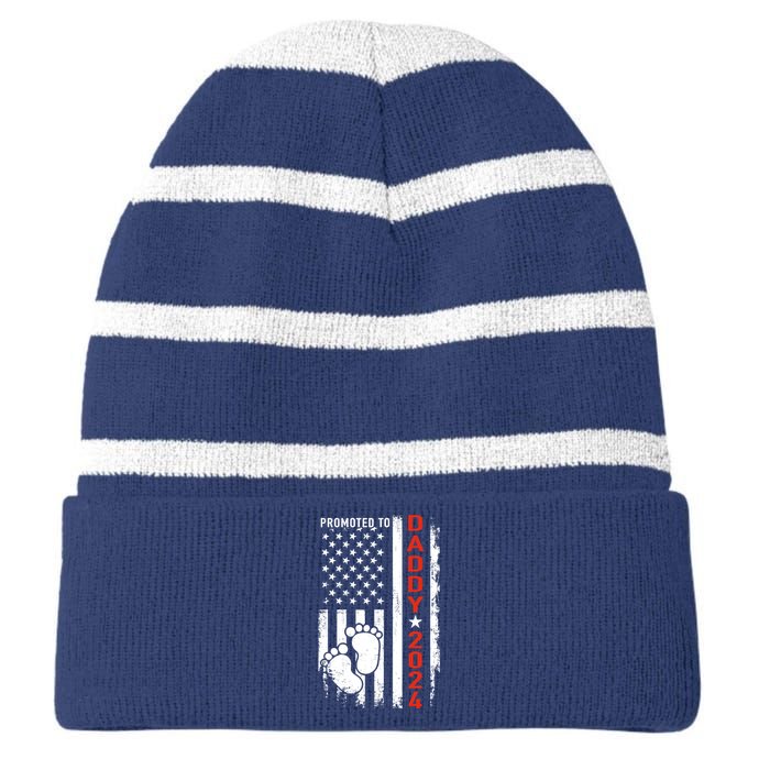 Promoted To Daddy 2024 Us American Flag Pregnancy Annouce Striped Beanie with Solid Band