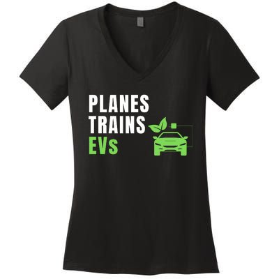 Planes Trains & ECars EV Owner Drive EVs Funny Electric Car Women's V-Neck T-Shirt