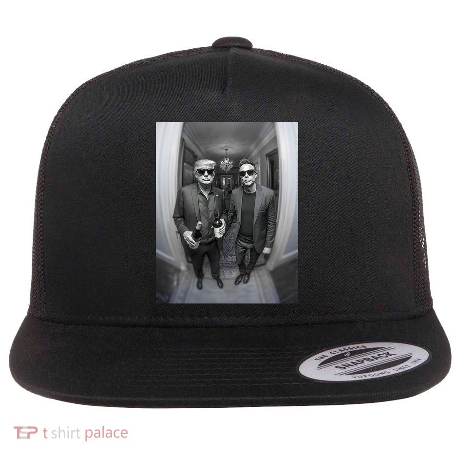 President Trump Elon Musk Funny Meme Knocking On Door Flat Bill Trucker Hat