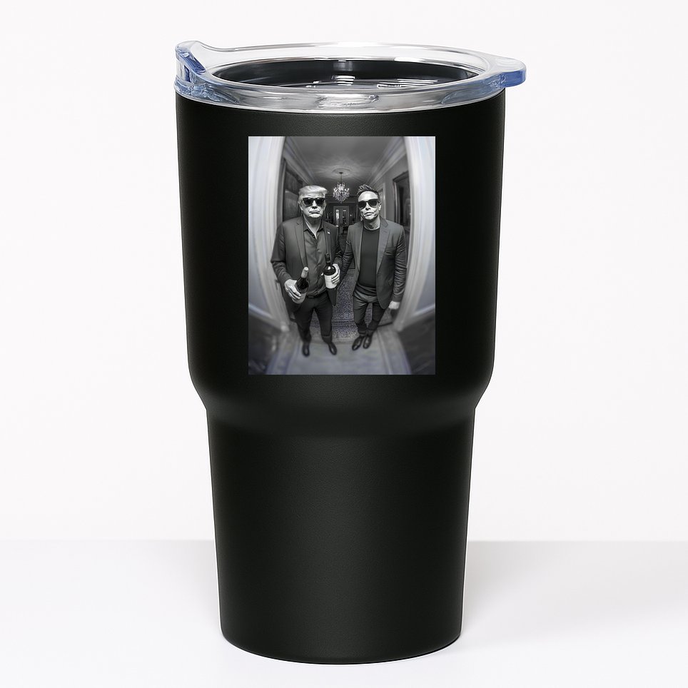 President Trump Elon Musk Funny Meme Knocking On Door Tumbler
