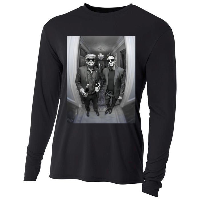 President Trump Elon Musk Funny Meme Knocking On Door Cooling Performance Long Sleeve Crew