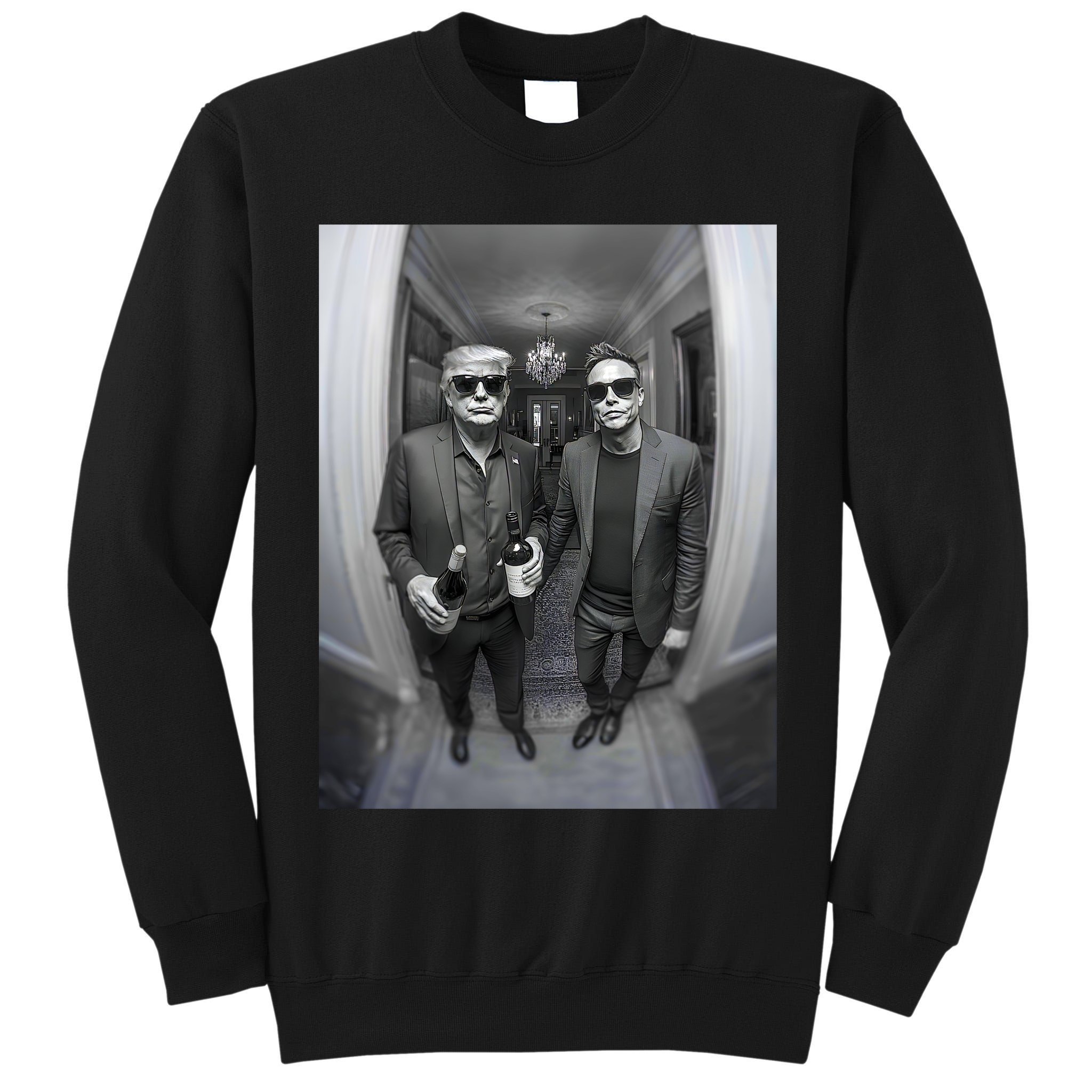 President Trump Elon Musk Funny Meme Knocking On Door Tall Sweatshirt
