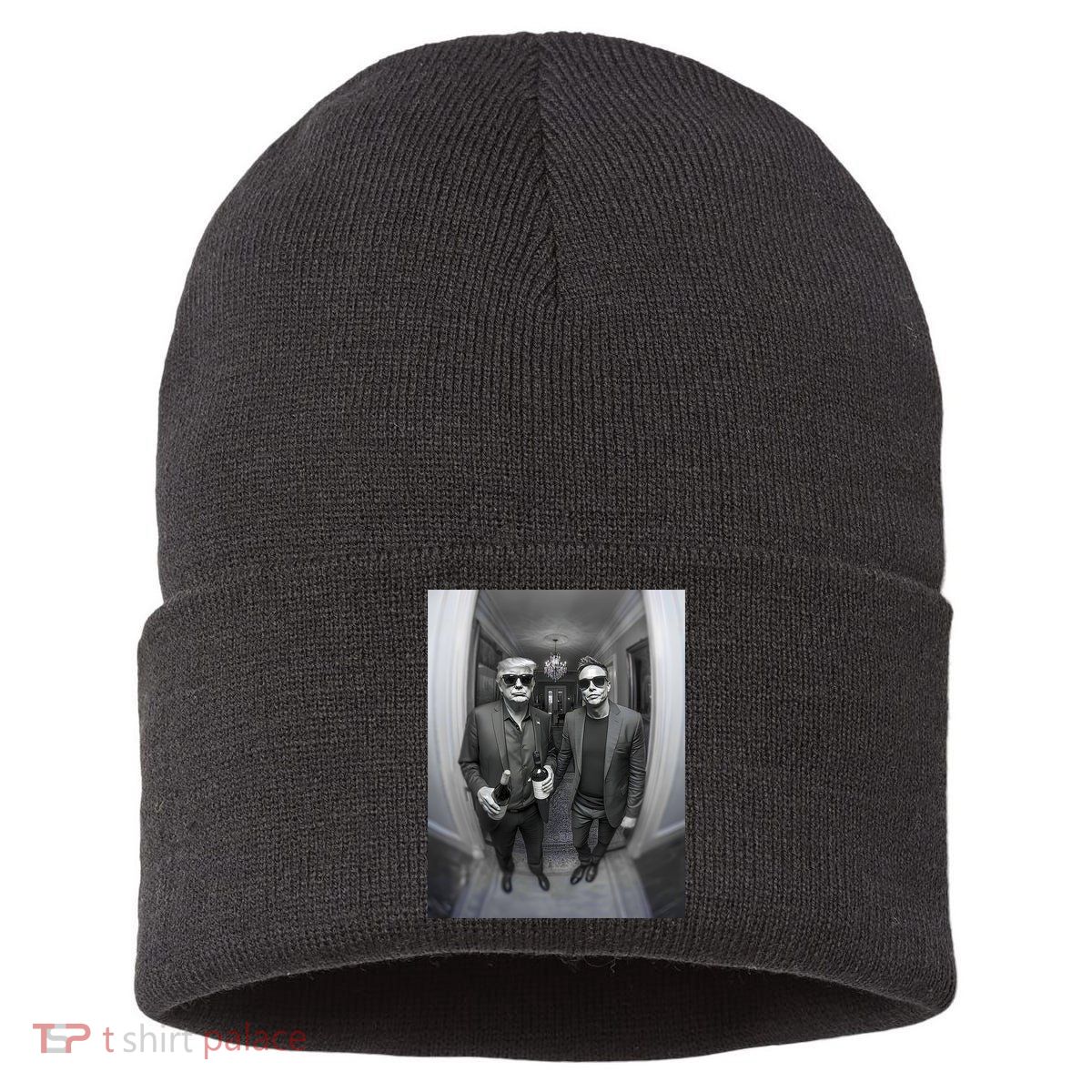 President Trump Elon Musk Funny Meme Knocking On Door Sustainable Knit Beanie