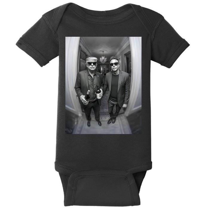 President Trump Elon Musk Funny Meme Knocking On Door Baby Bodysuit