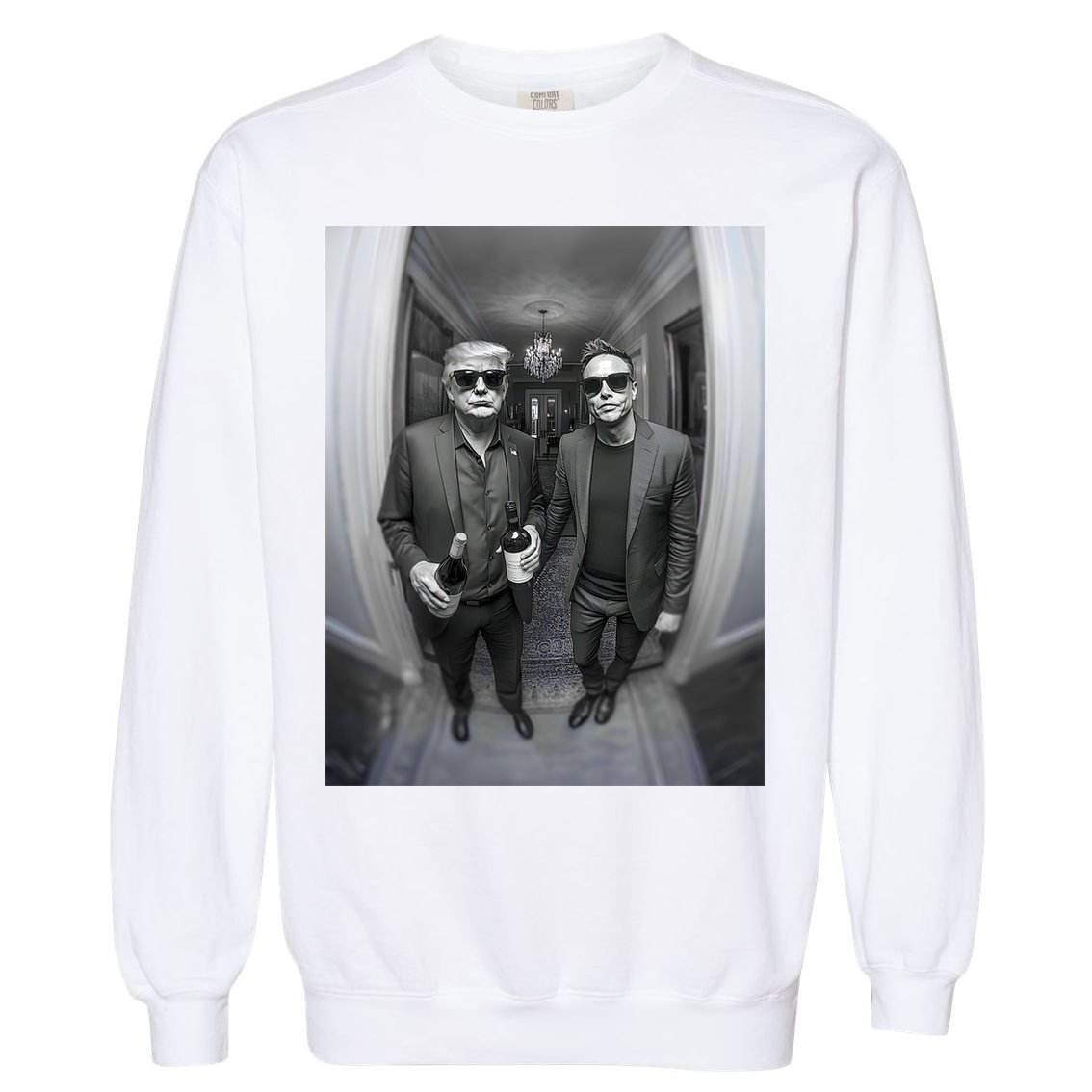 President Trump Elon Musk Funny Meme Knocking On Door Garment-Dyed Sweatshirt