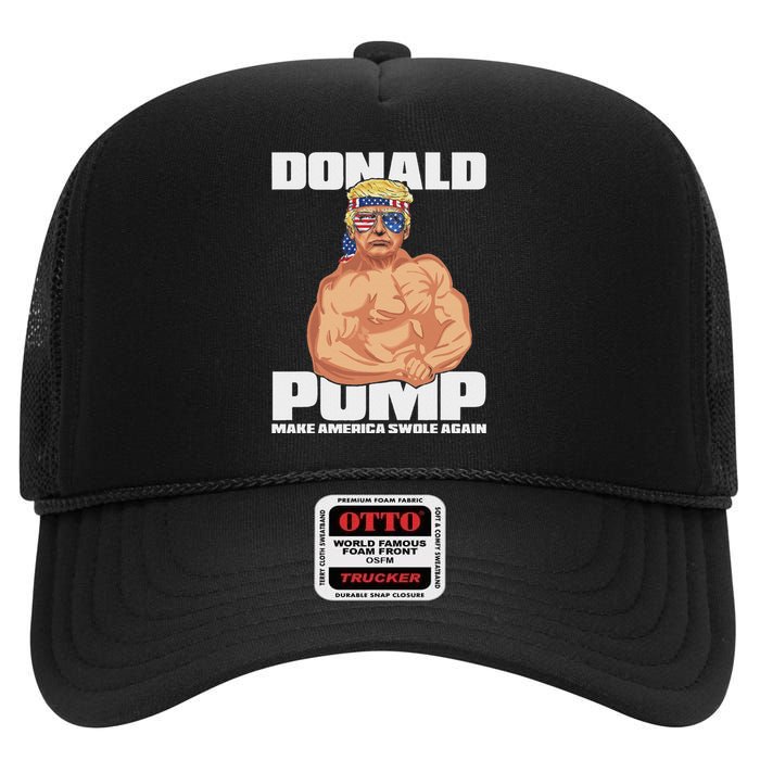 Patriotic Trump Funny July 4th Donald Pump High Crown Mesh Back Trucker Hat