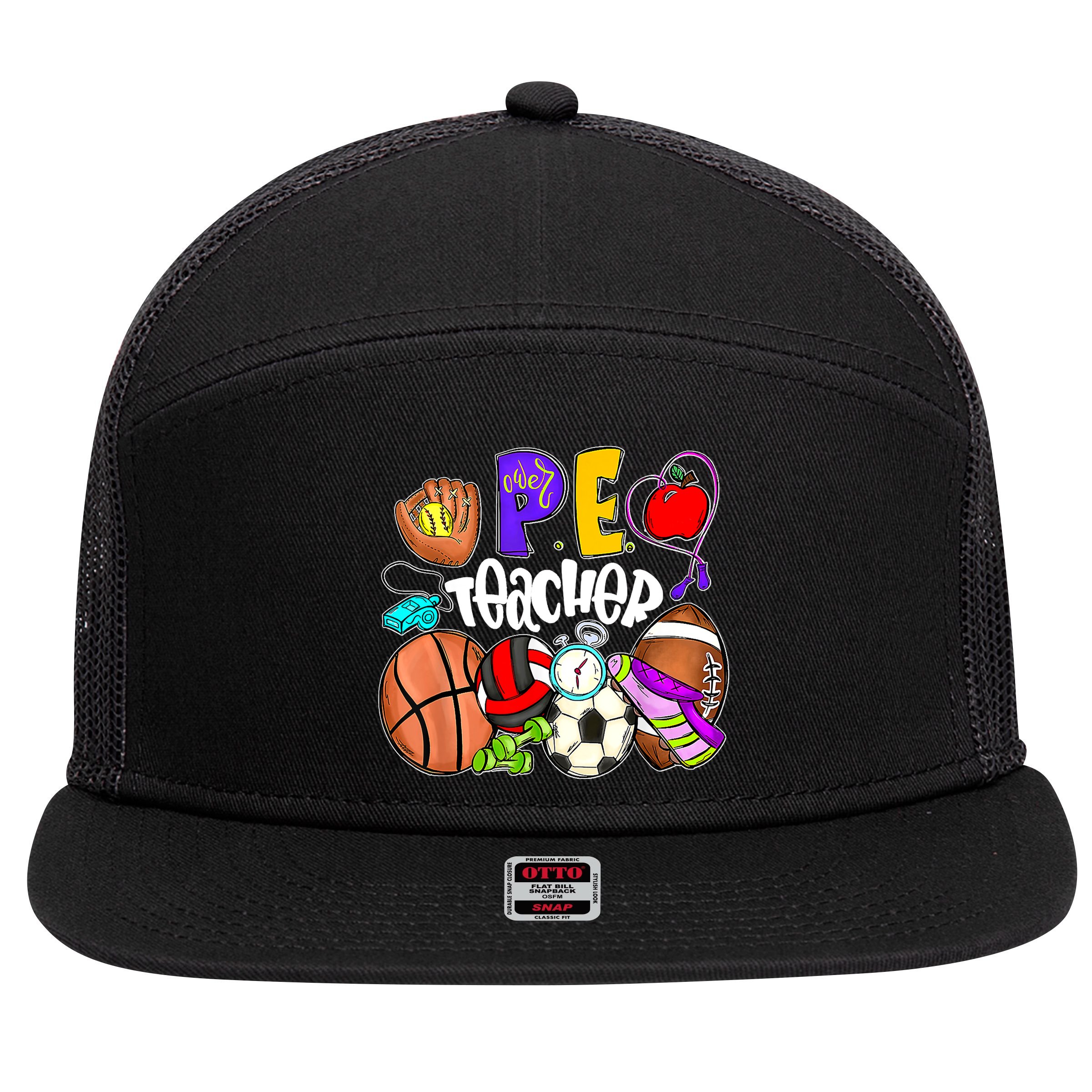 PE Teacher Funny Physical Education Teacher Back To School 7 Panel Mesh Trucker Snapback Hat
