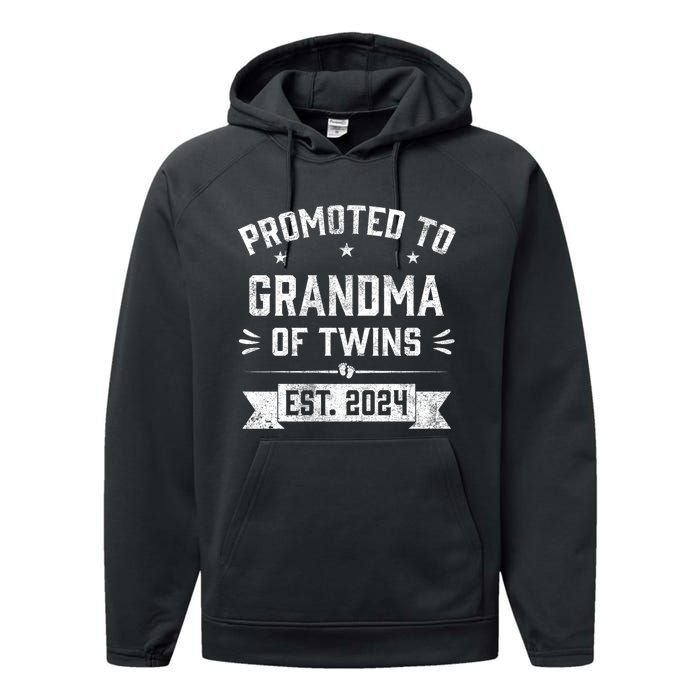 Promoted To Grandma Of Twins Est 2024 Twin Baby Shower Gifts Performance Fleece Hoodie