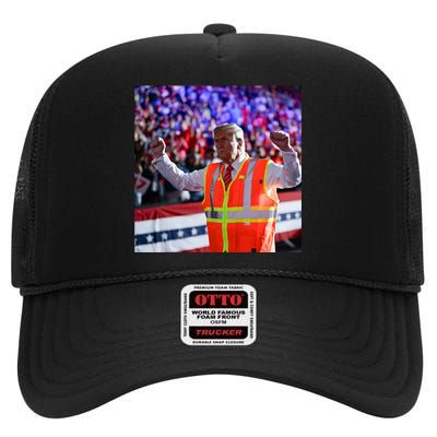 President Trump Garbage Truck Worker Vest Maga 2025 High Crown Mesh Back Trucker Hat