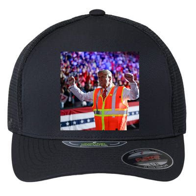 President Trump Garbage Truck Worker Vest Maga 2025 Flexfit Unipanel Trucker Cap