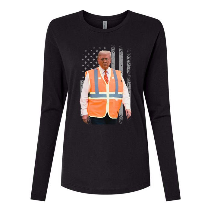 President Trump Garbage Truck Worker Vest Usa Flag Maga 2025 Womens Cotton Relaxed Long Sleeve T-Shirt