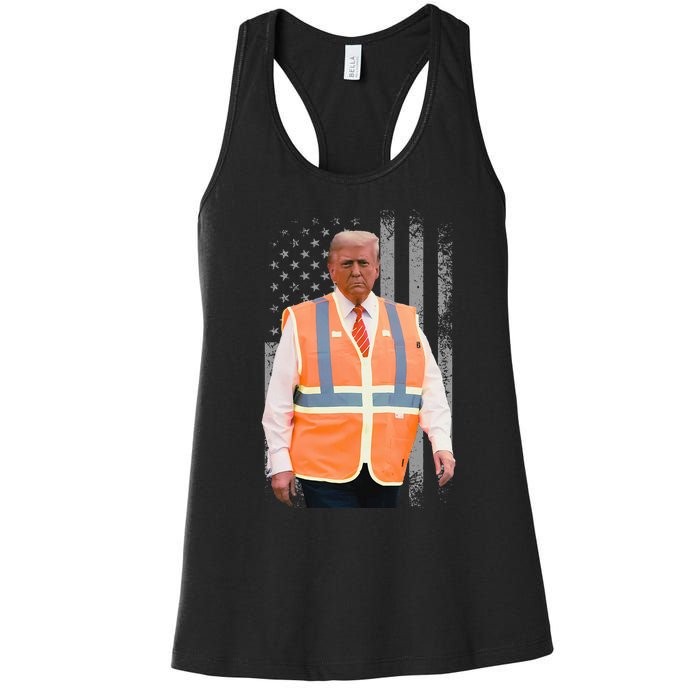 President Trump Garbage Truck Worker Vest Usa Flag Maga 2025 Women's Racerback Tank